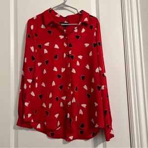 Liz Claiborne Career Red Black White Heart Button Down Blouse Size Large EUC